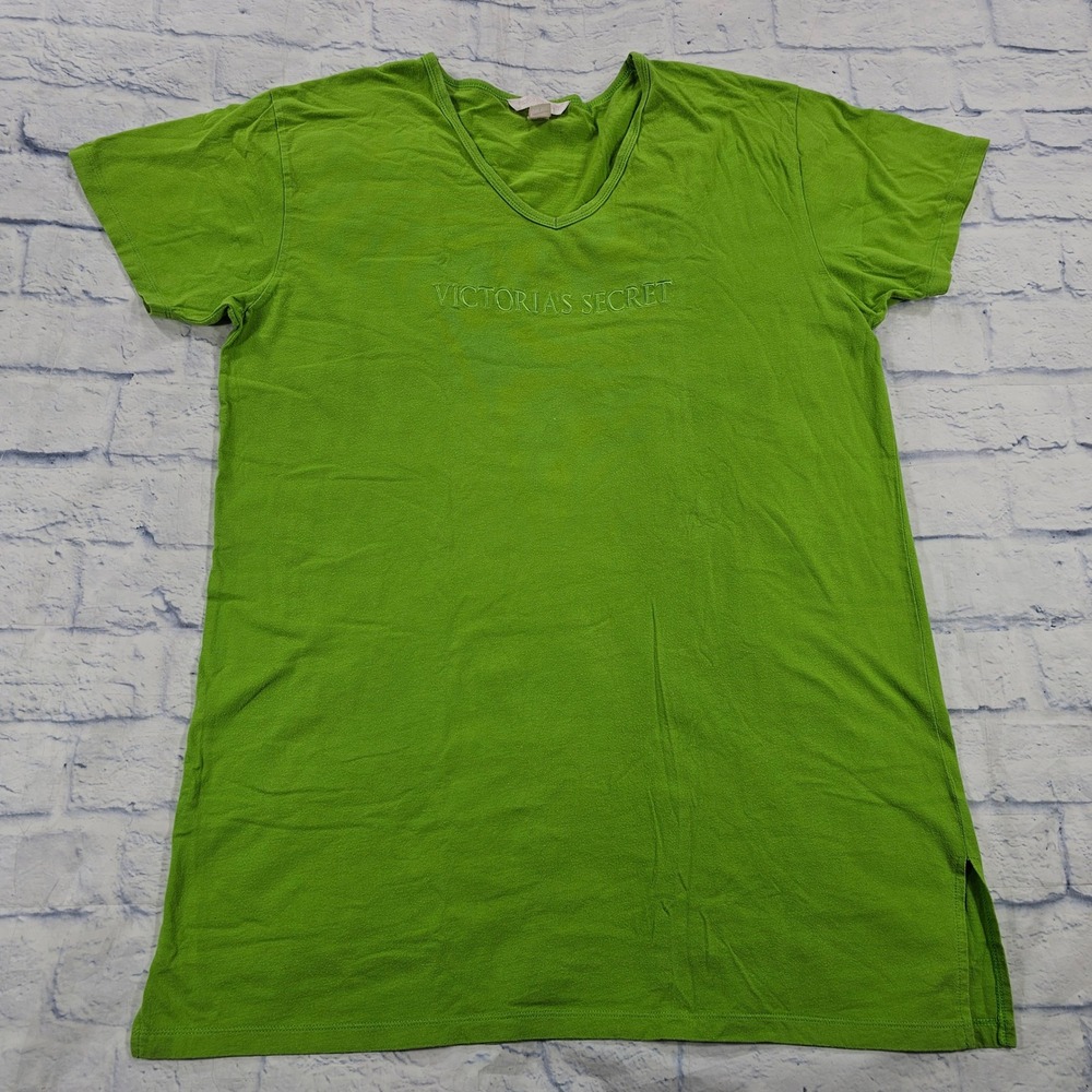 Victorias Secret Sleep T Shirt WOMEN L Green Embroidered Logo V Neck VINTAGE 90s
